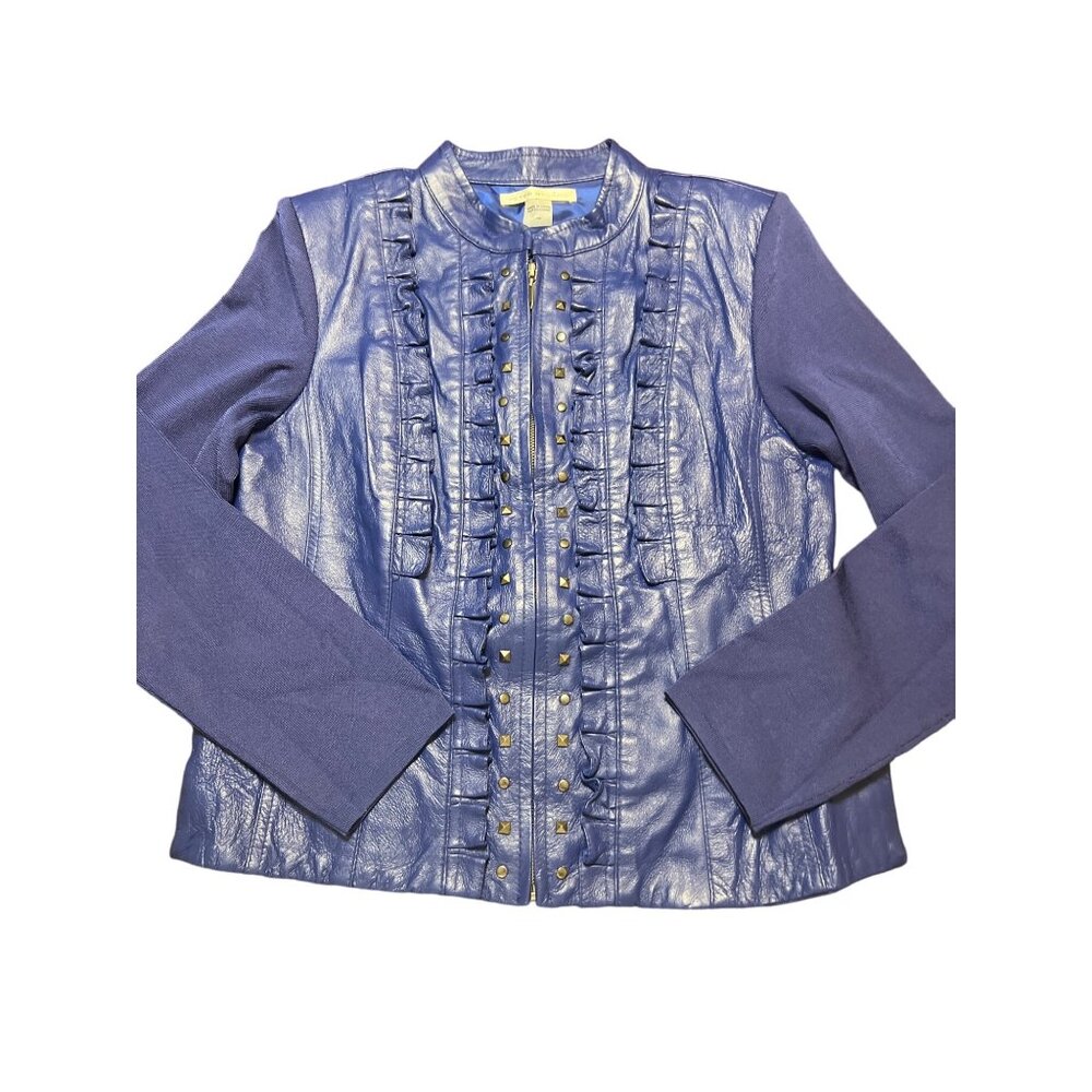 Peter Nygard Studded Ruffle Leather Knit Sweater Jacket Royal Blue Size M